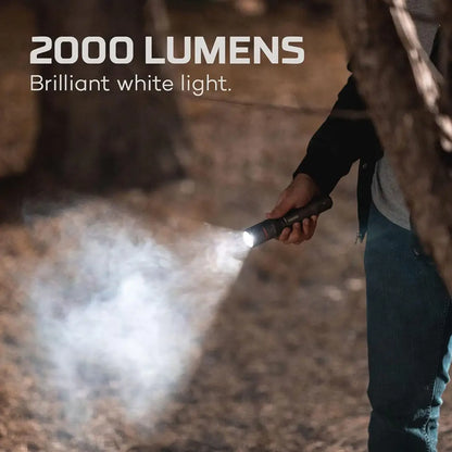 Powerful NEBO Davinci 2000 handheld flashlight with a 2000-lumen beam and included power bank
