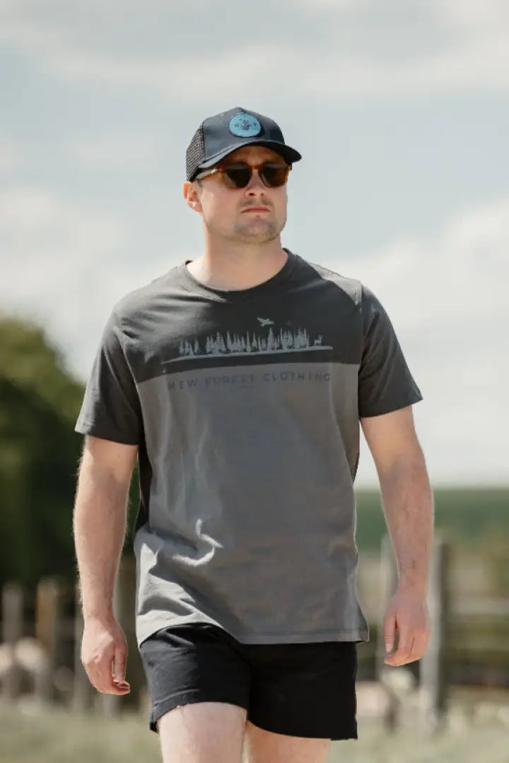 Man wearing New Forest 2-Tone Graphic T-Shirt, forest clothing graphic style