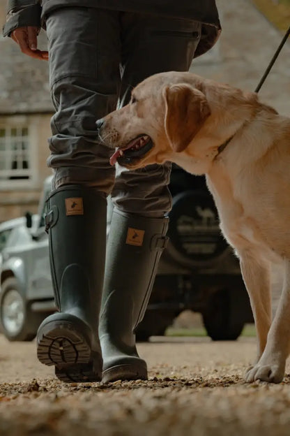 Dark green Forest Avon zip Wellington boots with adjustable buckles for outdoor fun