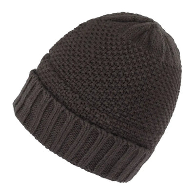 Dark brown knitted New Forest Beanie Hat with a cozy textured pattern