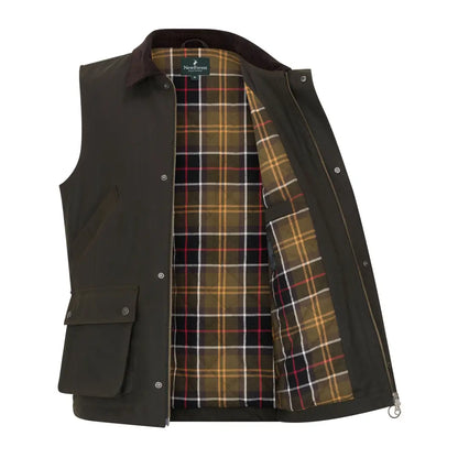 Open olive green Forest Bushman Wax Gilet with plaid lining, stylish and warm vest