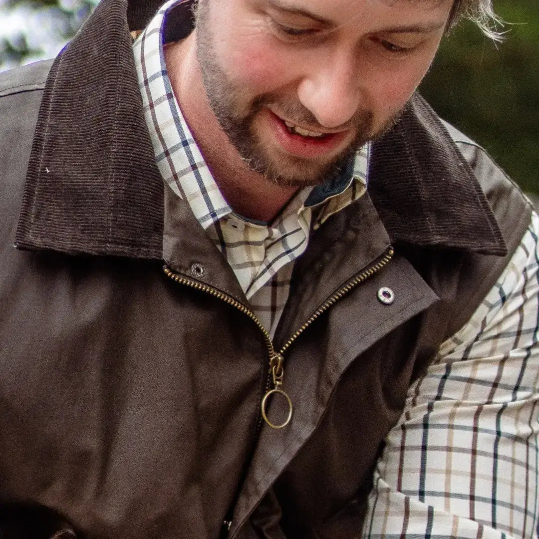 Brown corduroy-collared vest from Forest Bushman Wax Gilet collection