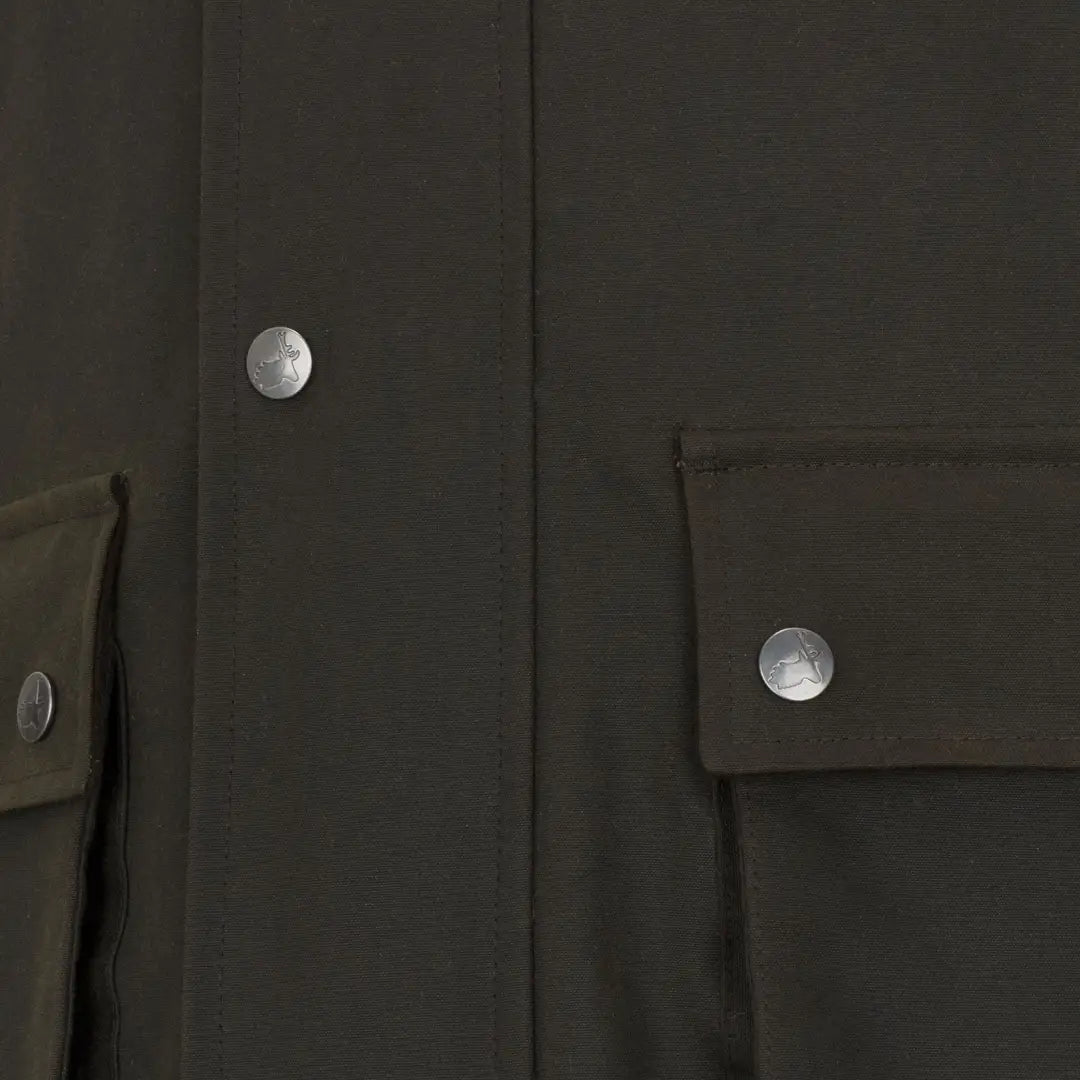 Olive green jacket detail from New Forest Bushman Wax Gilet showcasing forest bushman wax style