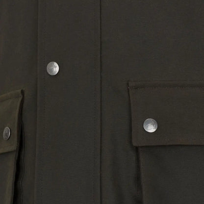 Olive green jacket detail from New Forest Bushman Wax Gilet showcasing forest bushman wax style