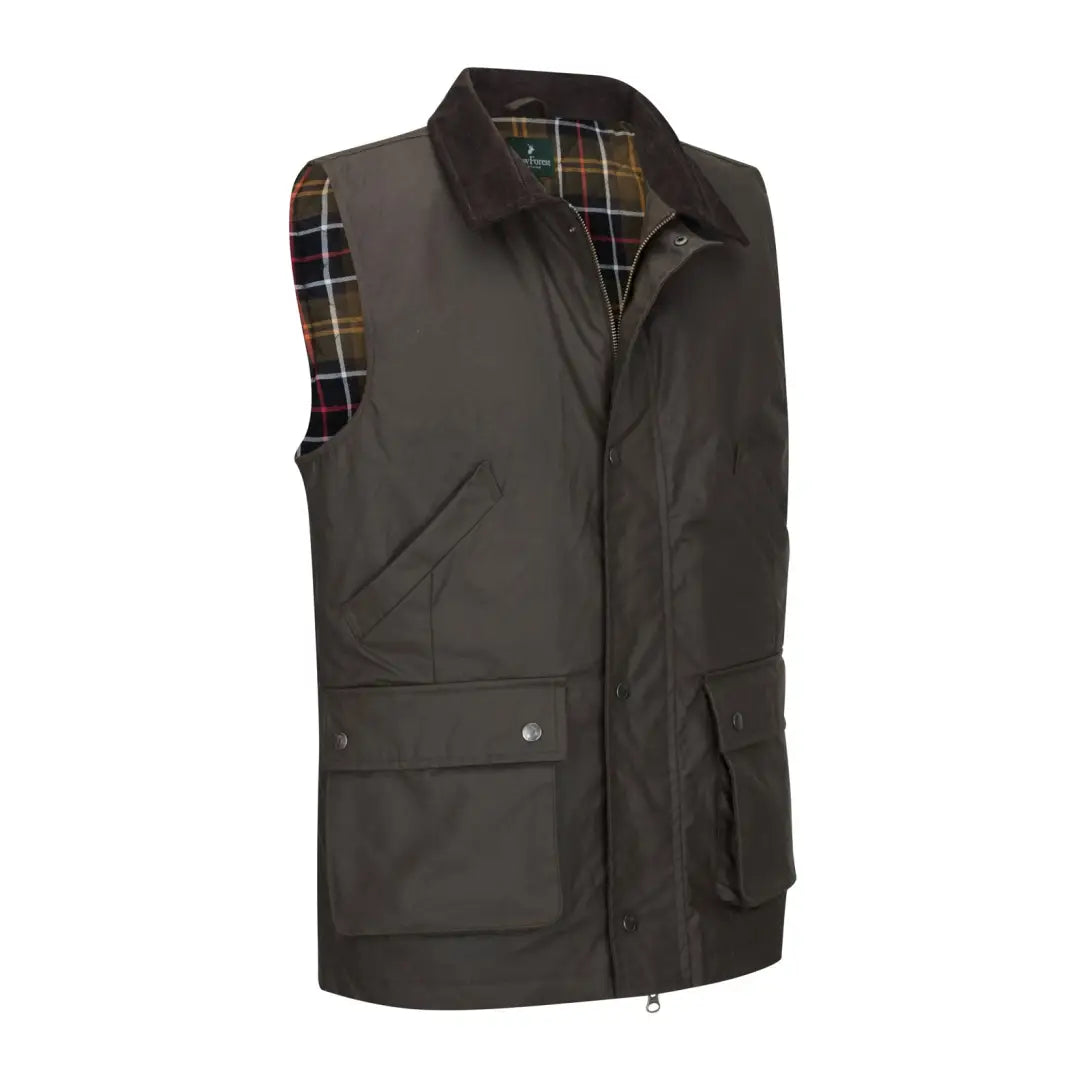 Olive green Bushman Wax Gilet with plaid lining perfect for forest adventures