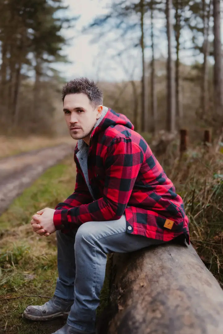 Red and black plaid hooded jacket from New Forest Canadian Sherpa Shirt collection