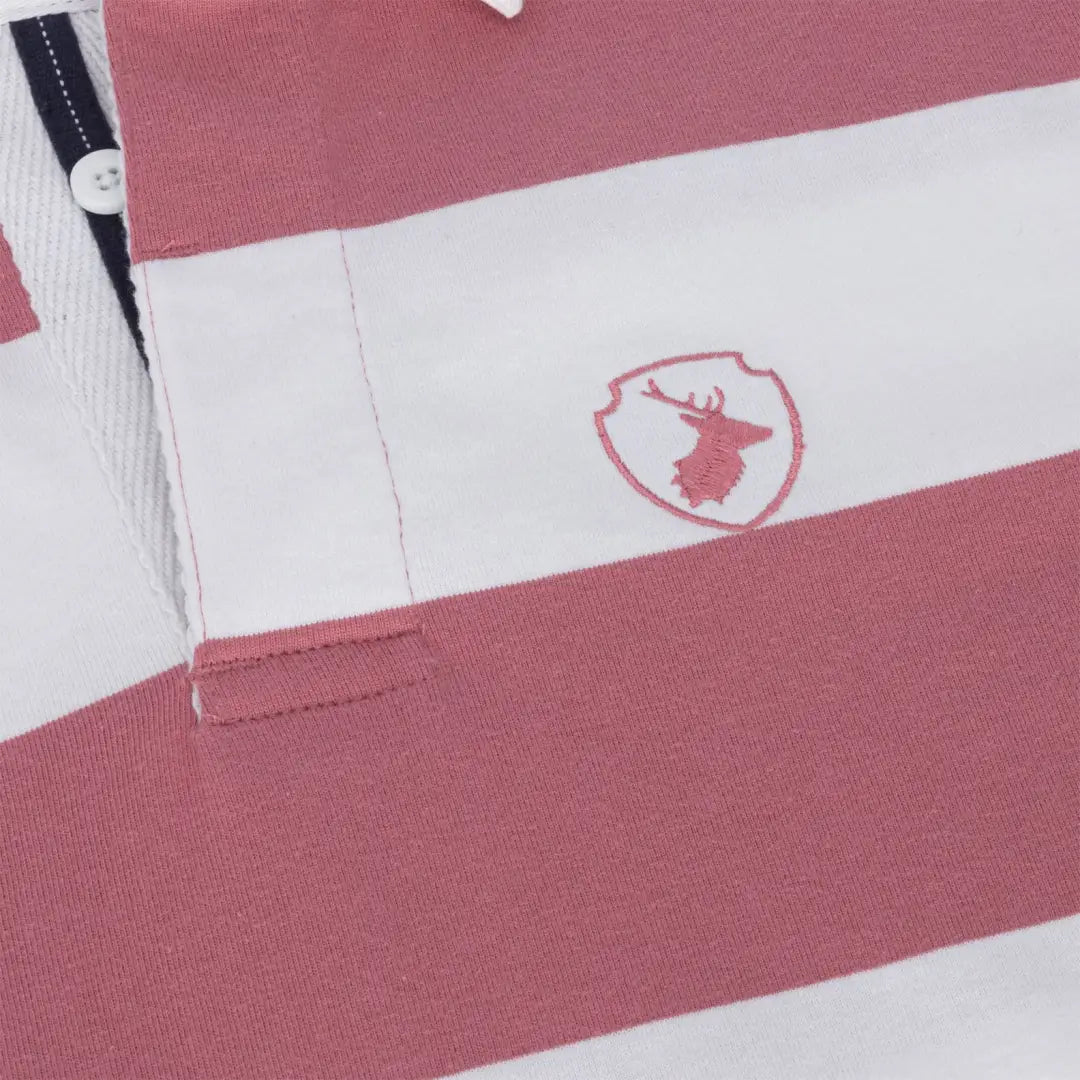 Striped pink and white rugby shirt featuring a deer logo, New Forest Classic Stripe