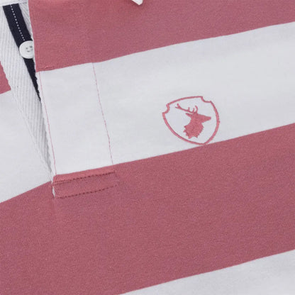 Striped pink and white rugby shirt featuring a deer logo, New Forest Classic Stripe
