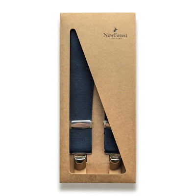 Navy suspenders in cardboard packaging for New Forest Clip On Plain Braces, perfect for country clothing