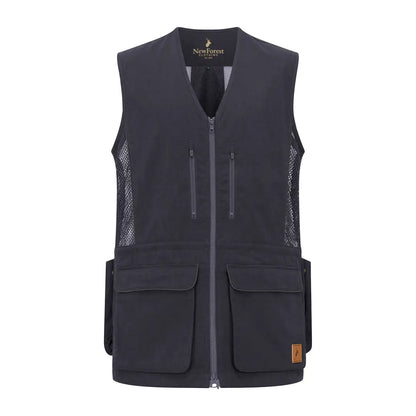 Black New Forest dog training vest with mesh panels and pockets