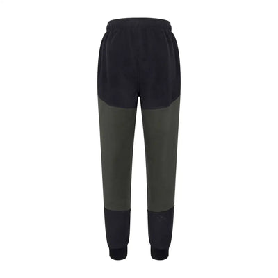 Black and olive green forest fleece joggers with elastic waist and ribbed cuffs