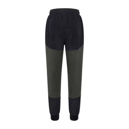 Black and olive green forest fleece joggers with elastic waist and ribbed cuffs
