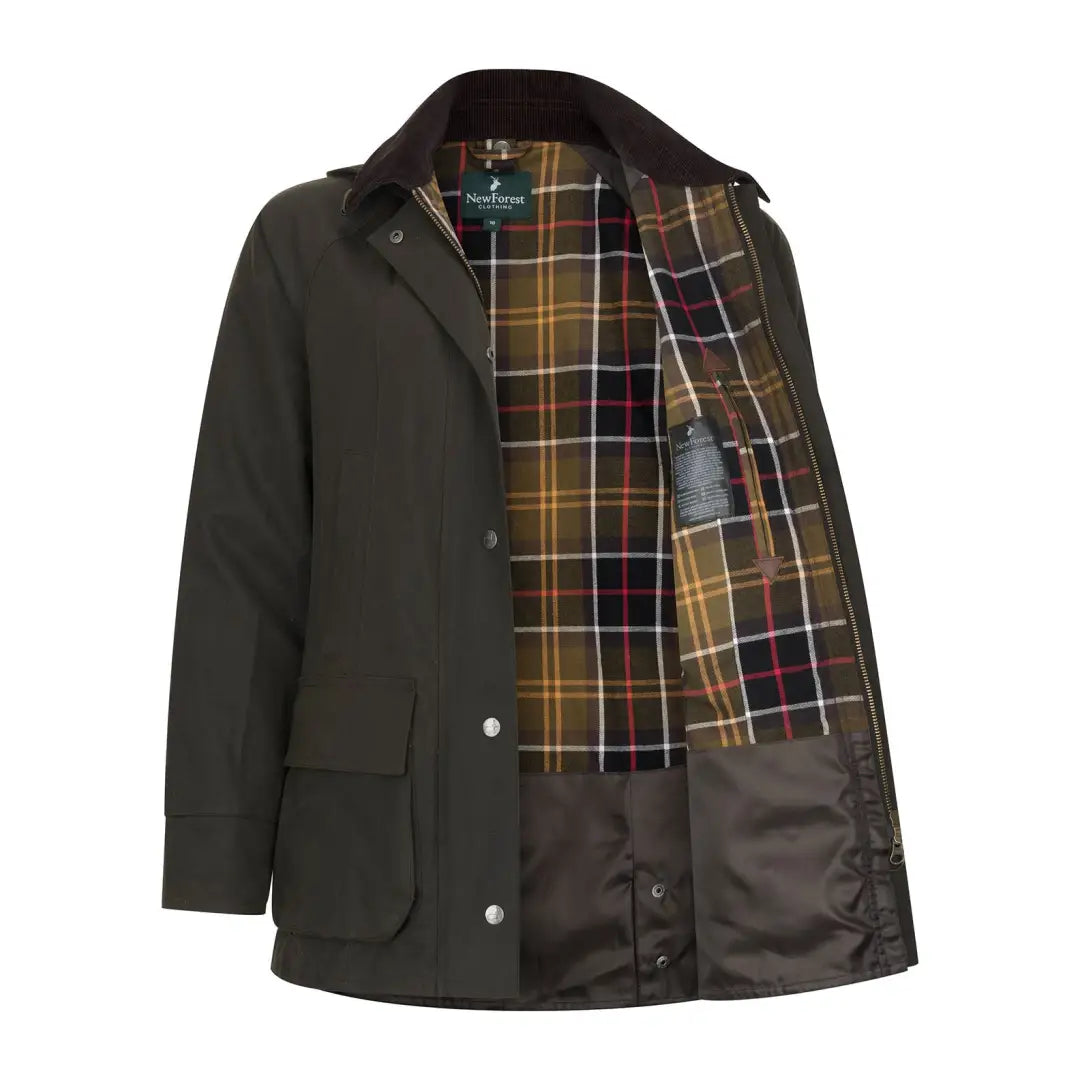 Open dark green Forest Freya Ladies Wax Jacket with plaid lining perfect for style