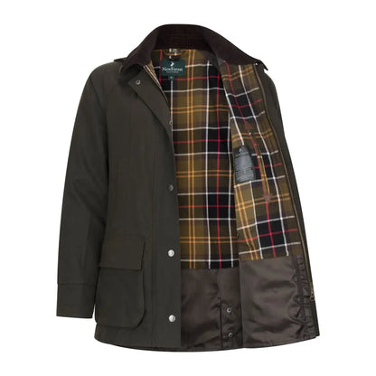 Open dark green Forest Freya Ladies Wax Jacket with plaid lining perfect for style
