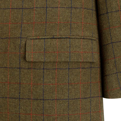 Olive green, red, and blue plaid pattern on New Forest Goodwood Tweed Long Coat