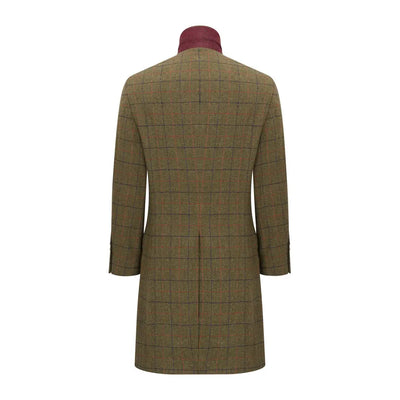 Olive green forest Goodwood tweed long coat with burgundy collar and windowpane pattern