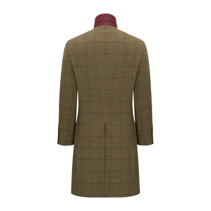Olive green forest Goodwood tweed long coat with burgundy collar and windowpane pattern