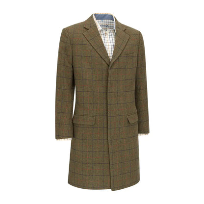 Long Olive Green Tweed Long Coat with Windowpane Check from New Forest Goodwood Tweed