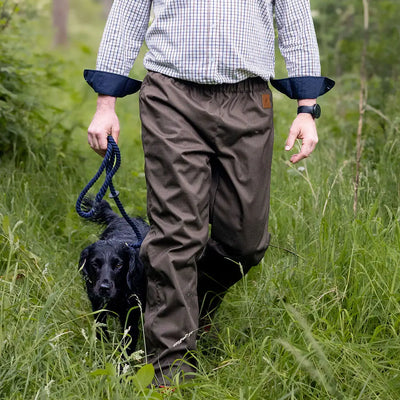 Black Labrador on a leash in tall grass wearing New Forest Hawthorn Overtrousers