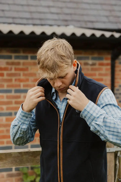 Navy fleece gilet with brown trim from the New Forest heated fleece collection