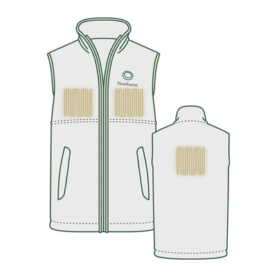 Sleeveless white vest with green trim and yellow heating elements for New Forest Heated Fleece Gilet