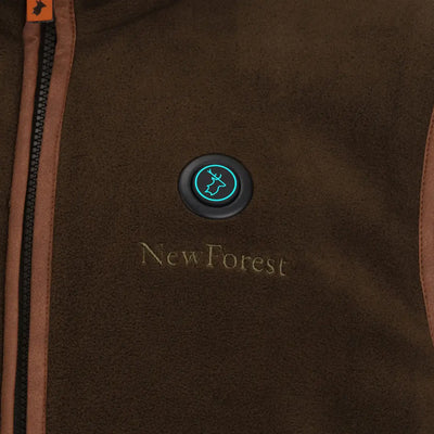 Brown New Forest Heated Fleece Gilet featuring deer icon button and logo