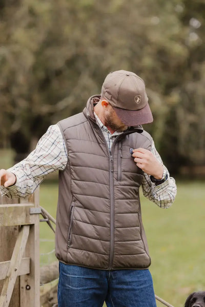 Padded brown vest from New Forest Heated Gilet, perfect for warmth and style