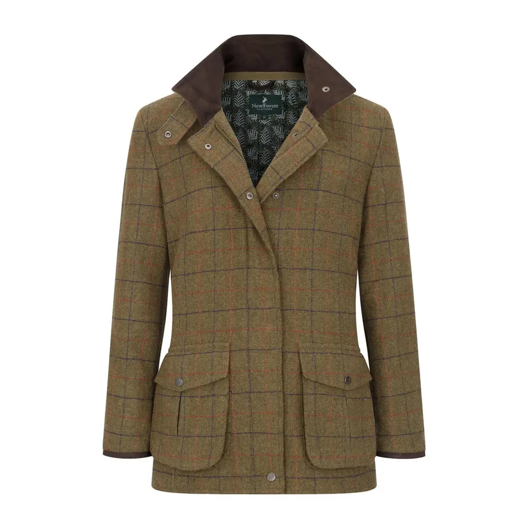 Super stylish ladies field coat with tweed fabric and brown collar at New Forest Jessica
