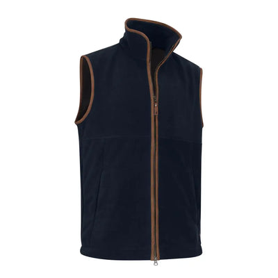 Navy blue Forest Knightwood fleece gilet with brown trim, perfect for layering
