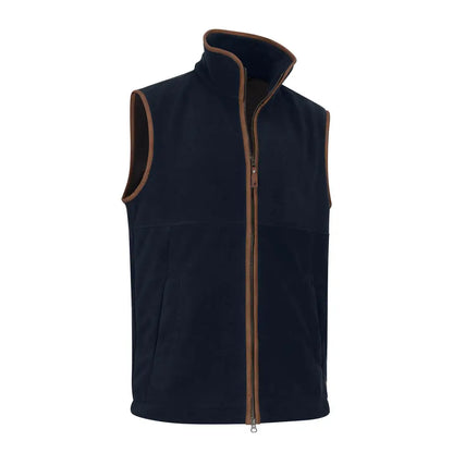 Navy blue Forest Knightwood fleece gilet with brown trim, perfect for layering