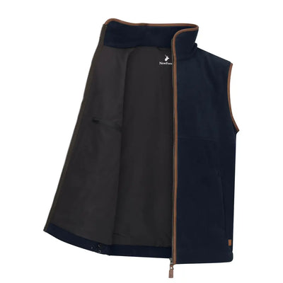 Open navy blue knightwood fleece gilet with brown trim from Forest Knightwood
