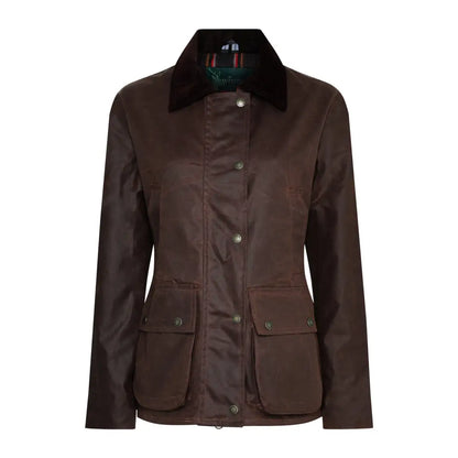 Brown Antique Wax Jacket with Corduroy Collar and Snap Button Closure for ladies