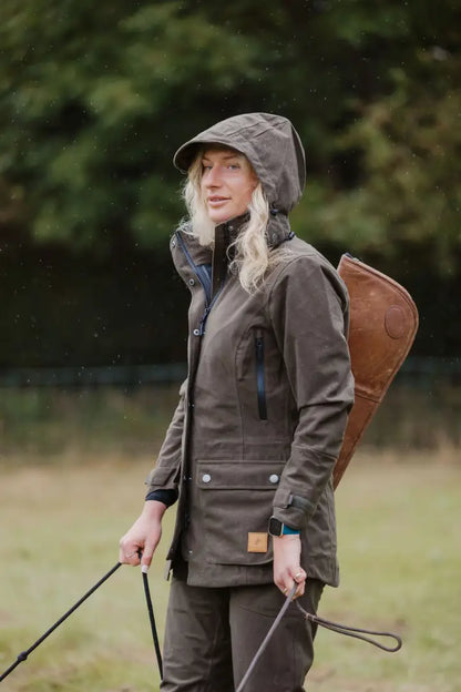 Olive green hooded jacket, ideal for outdoor adventures, perfect for ladies country sport