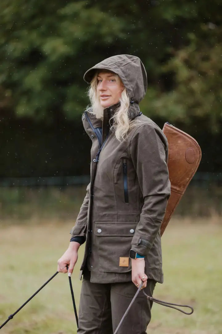 Olive green hooded jacket, ideal for outdoor adventures, perfect for ladies country sport