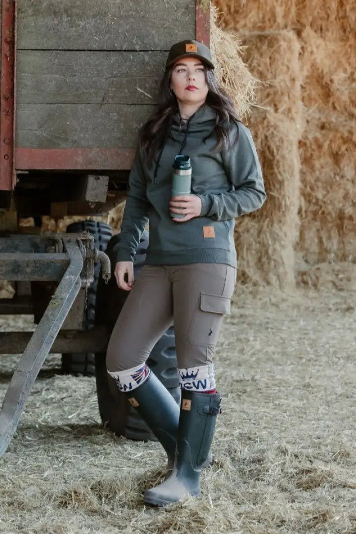Woman in outdoor clothing wearing the New Forest Ladies Harrier Hoodie, perfect forest harrier style