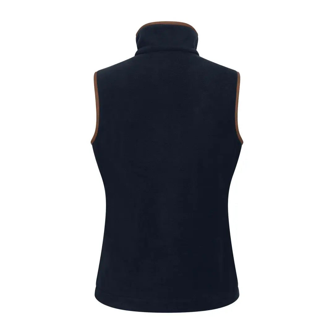Navy blue country clothing vest with brown trim for hunting and outdoor adventures