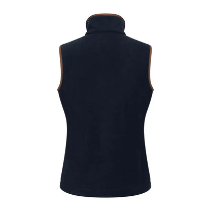 Navy blue country clothing vest with brown trim for hunting and outdoor adventures