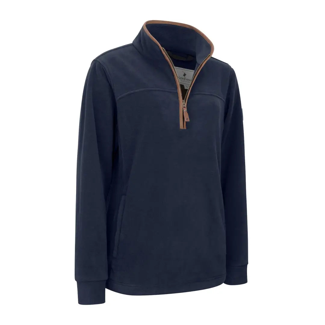 Navy blue New Forest Knightwood quarter zip fleece with tan trim
