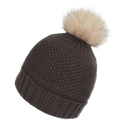 Brown knitted hat for ladies with a cute light pompom, perfect for winter