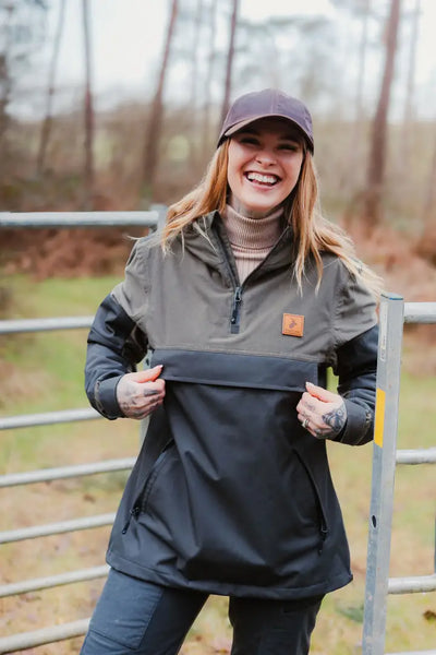 Woman rocking a two-tone Forest Nightjar Smock for stylish outdoor adventures