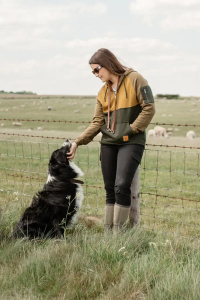 Woman petting a dog in a field wearing Forest Ladies Outdoor Stretch Trousers outdoor stretch trousers