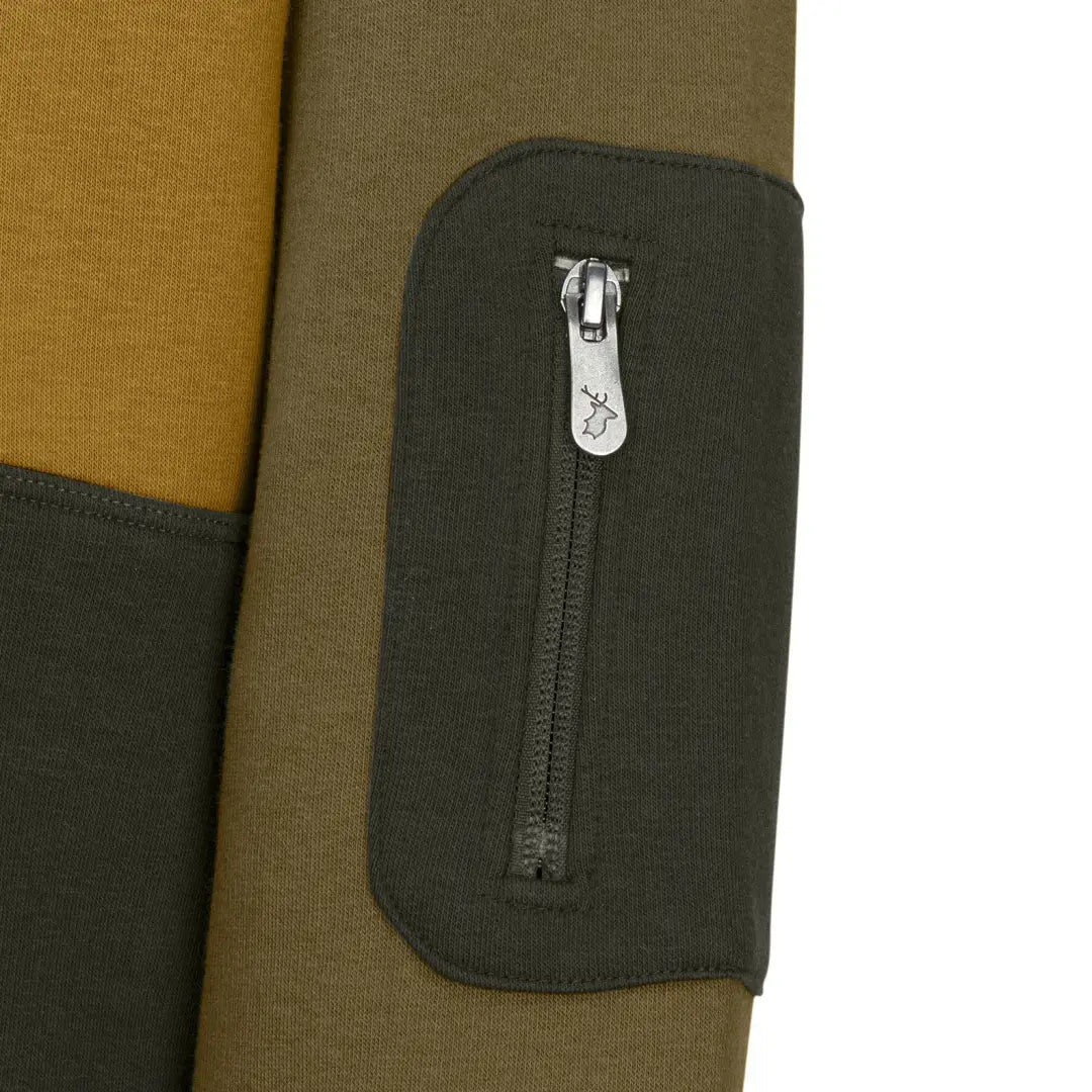 Olive green zippered sleeve pocket on New Forest Ladies Raptor Hoodie for country clothing