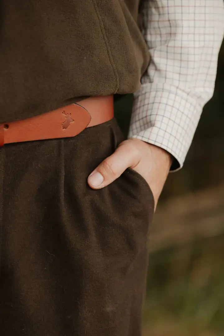 Brown trousers paired with a New Forest Luxury Leather Belt for a stylish look