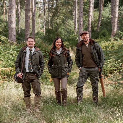 Three hunters in forest marsh jacket gear ready for a day in the New Forest Marsh