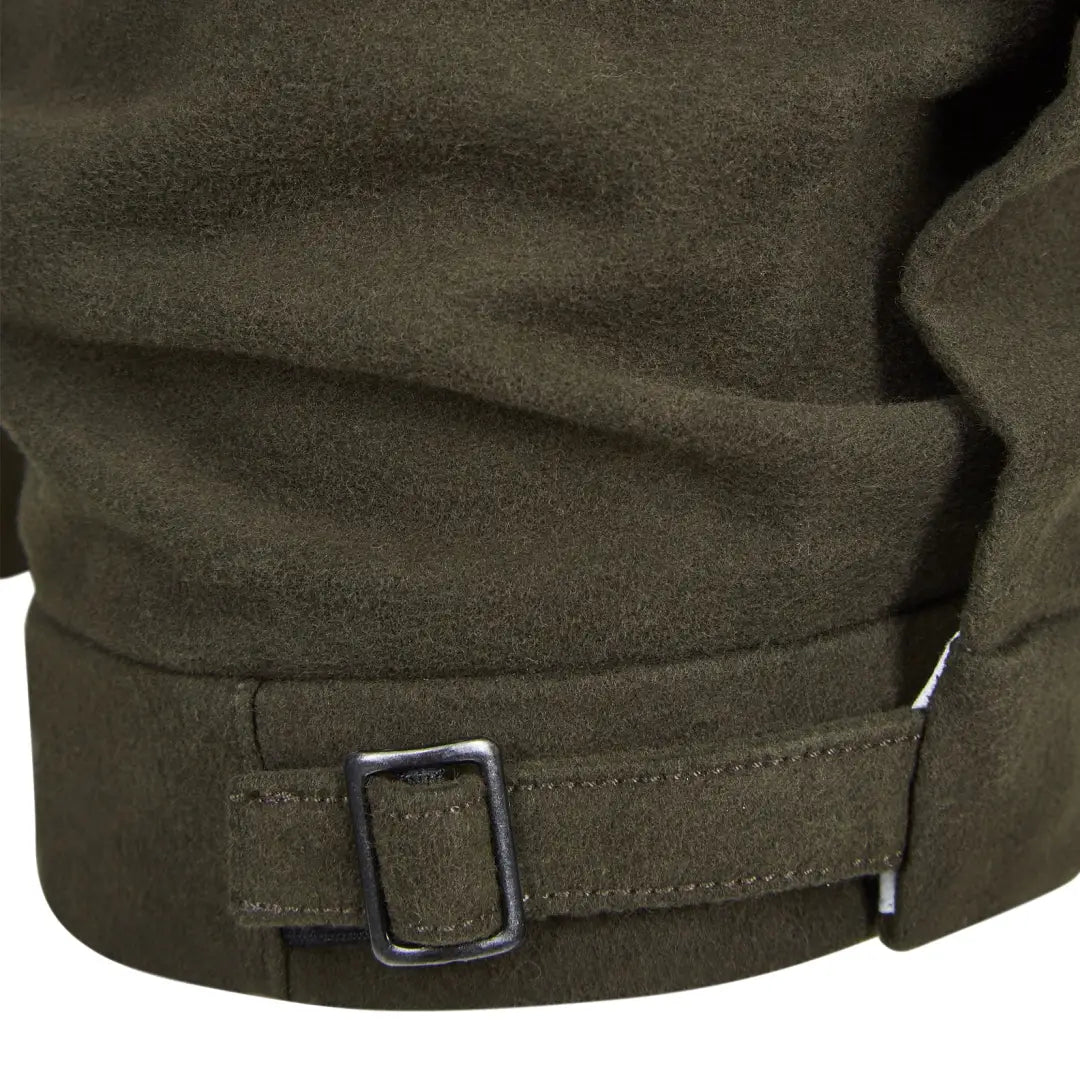 Sleeve cuff of a dark green military-style New Forest Moleskin Breeks with adjustable strap