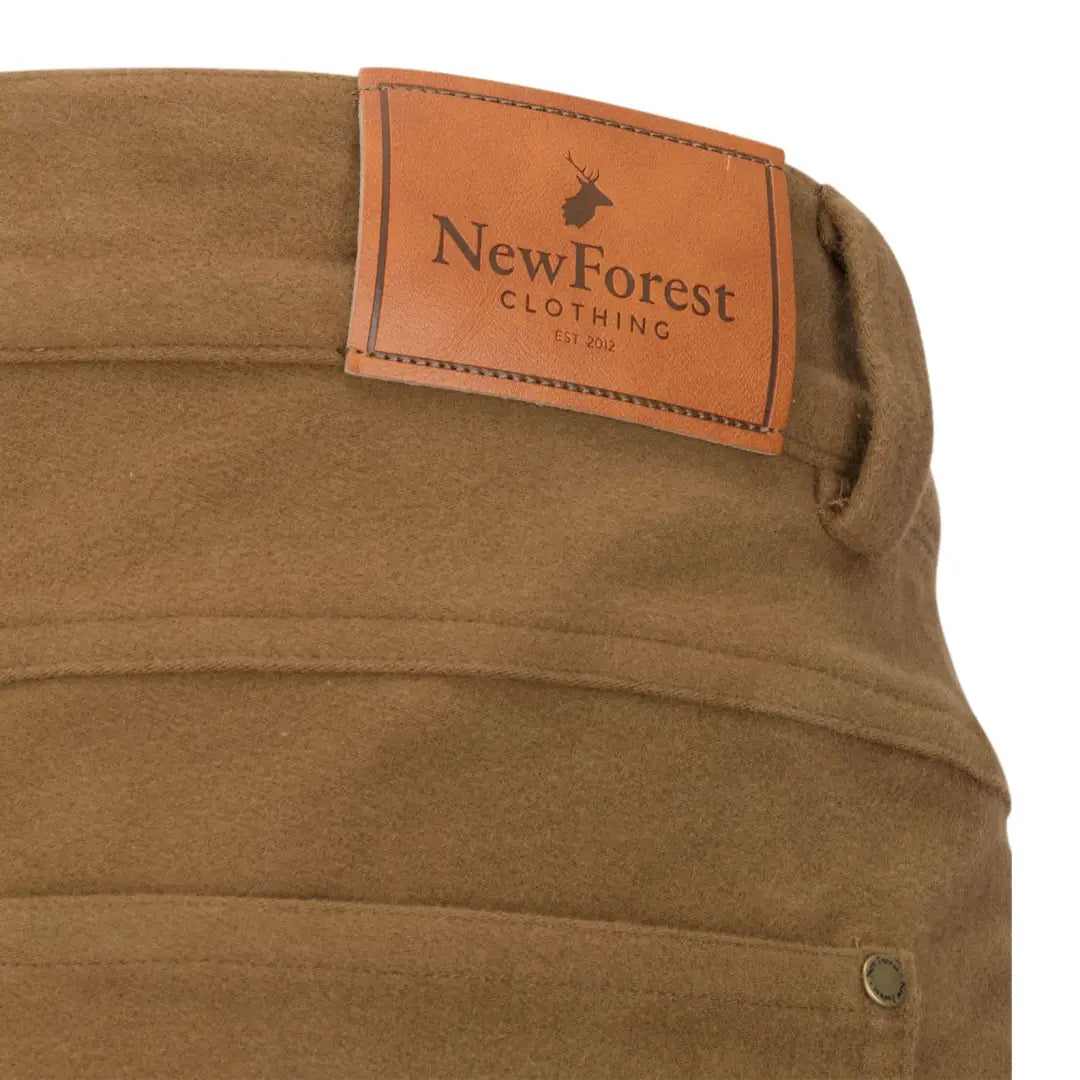 Brown suede pants with leather label from New Forest Moleskin Jeans, perfect forest moleskin style