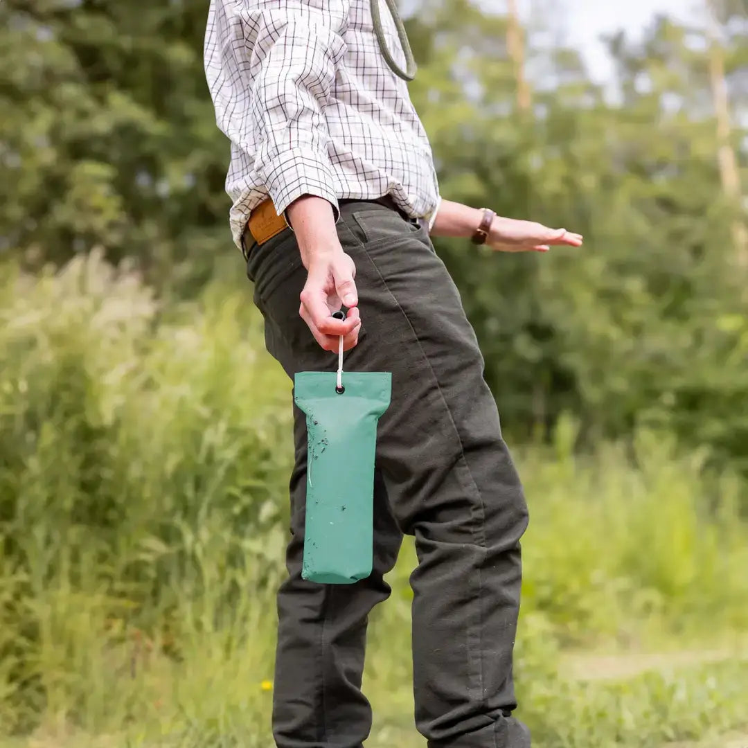Teal hanging pouch on New Forest Moleskin Jeans for a stylish forest moleskin look