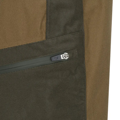 Olive and brown fabric of New Forest Nightjar Trousers with zippered pocket detail