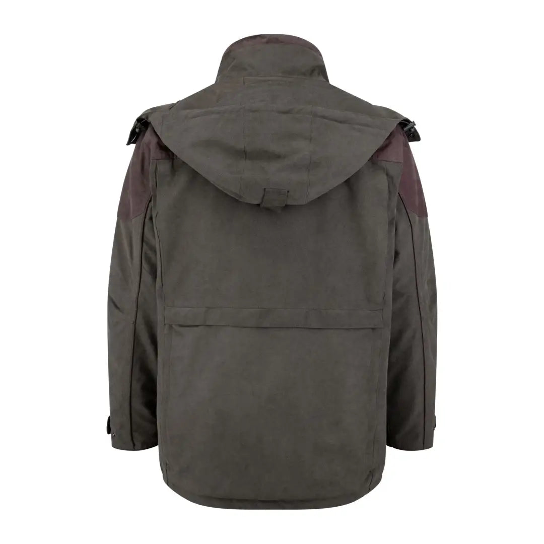 Olive green New Forest Performance Field Coat with a high collar and hood for outdoor adventures