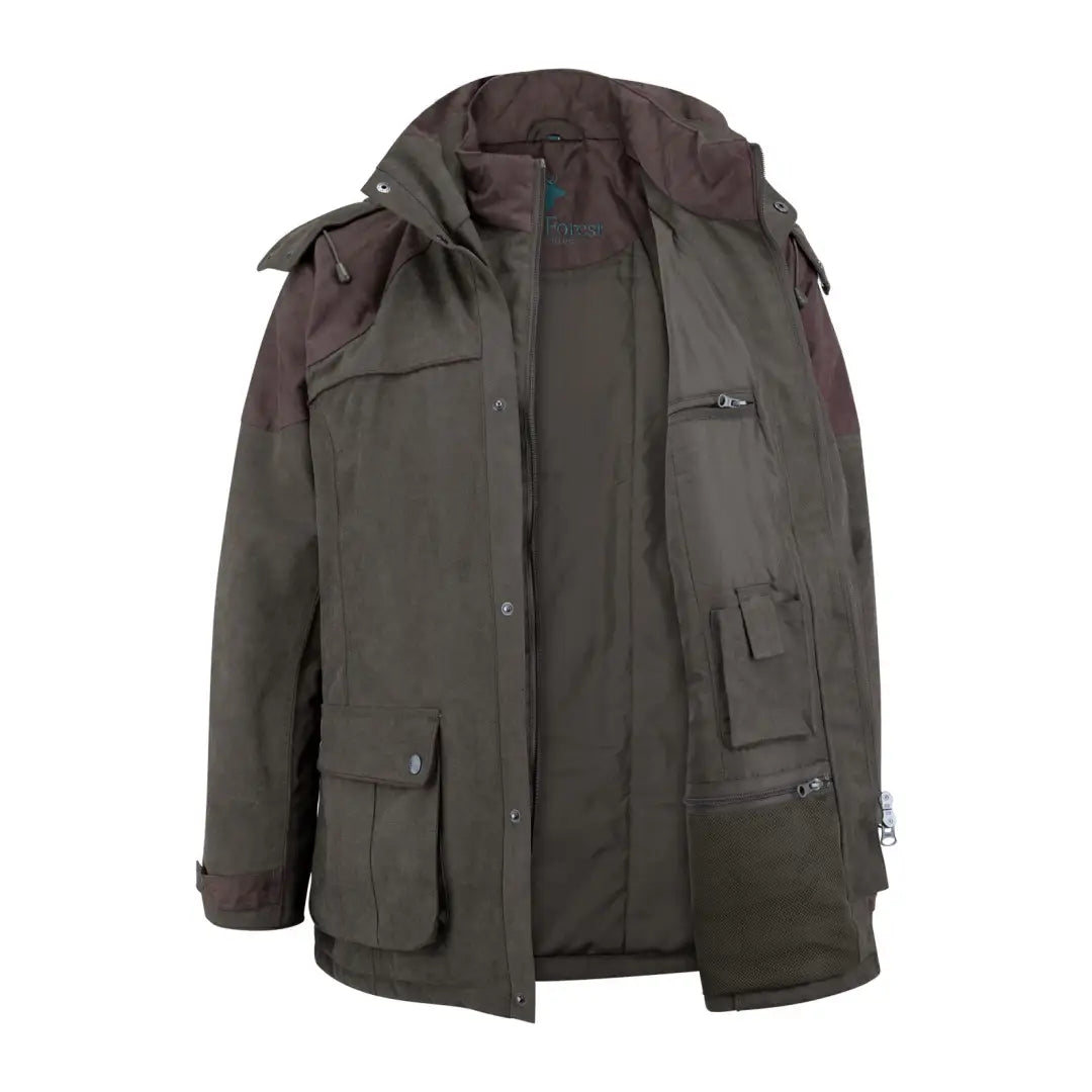 Dark green New Forest Performance Field Coat with pockets and hood for winter adventures